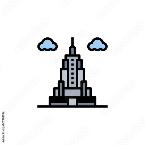 Skyscraper stands tall against a clear sky, symbolizing urban architecture and modern city life, evoking a sense of progress and grandeur.