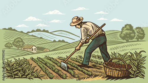 Dedicated farmer cultivating fertile land with harvested crops in a scenic rural landscape vector.