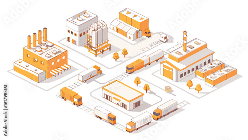 Isometric illustration of a factory complex with multiple buildings and delivery trucks on the road network