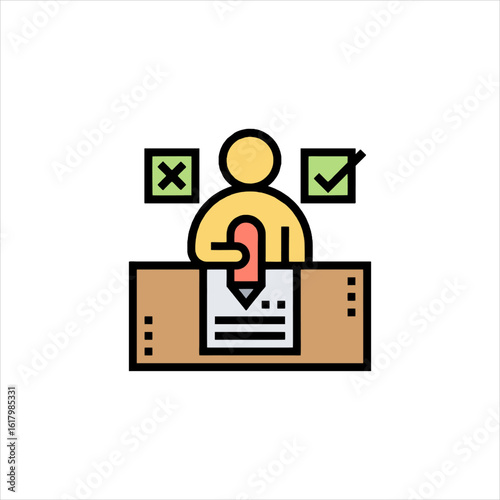 Person making decision at desk with checkmark and cross symbols representing choices in a business setting, conveying a sense of responsibility and analysis.