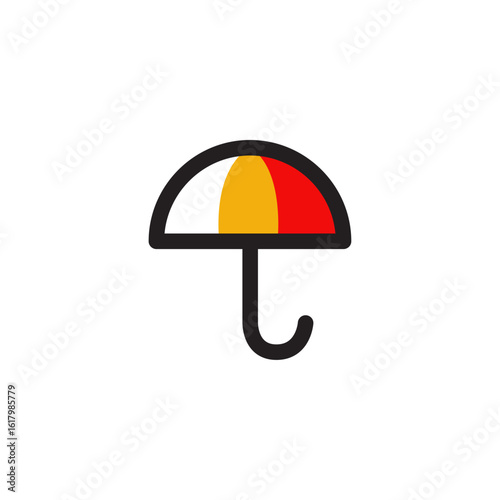 Minimalist colorful umbrella icon with red, yellow, and white sections. A simple flat vector illustration for weather, rain, and protection concepts.