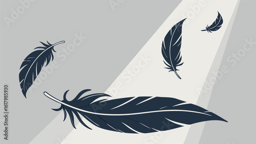 Illustration showing three feathers of varying sizes floating in a softly lit gray and white space