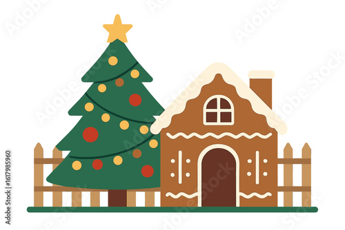 Christmas vector design featuring outdoor house elements with a snowy winter backdrop and a Christmas tree for seasonal holiday celebrations, in a detailed vector illustration