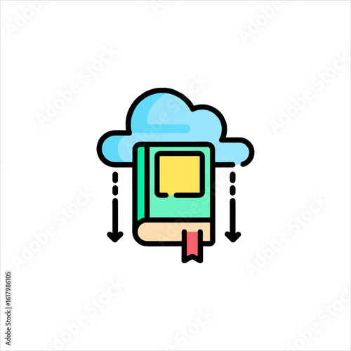 Book downloading from cloud storage, symbolizing digital learning and information access in a modern and convenient way.