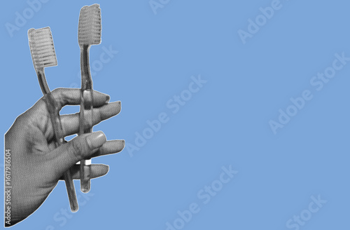 close up of hand holding toothbrush pixelate grayscale color halftone dotted texture style collage element isolated on blue background