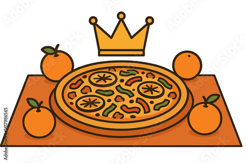 A festive Christmas illustration of King's Cake, featuring the traditional Spanish pastry Roscon de Reyes adorned with crowns, symbolizing the Epiphany children's holiday in Spain, which celebrates