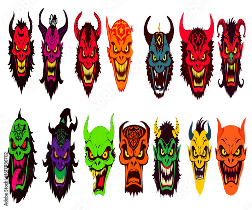 Monster face set vector illustration featuring creepy cartoon faces perfect for Halloween party invitations and spooky artwork.