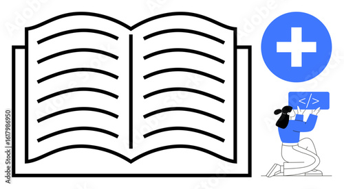 Open book, blue coding icon, and coder kneeling with a laptop. Ideal for education, learning, coding, technology, knowledge acquisition, programming and simple landing page