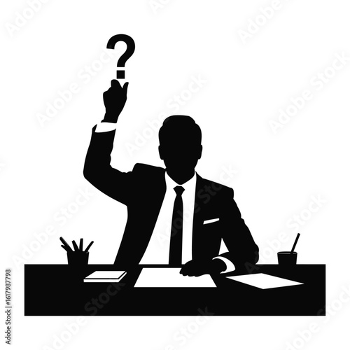 Silhouette of a businessman raising a question mark at his desk