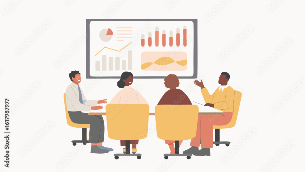 Obraz premium Illustration of a diverse group of colleagues in a meeting discussing charts and graphs on a screen