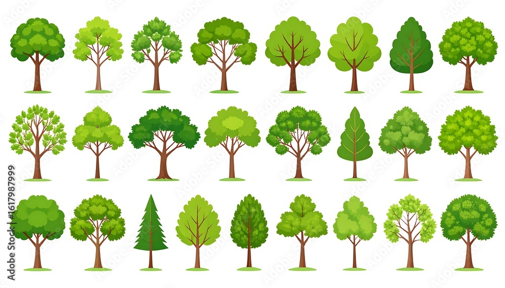 Fototapeta premium Diverse selection of flat vector trees showcasing various shapes and foliage styles