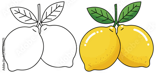 Two Fresh Lemons with Green Leaves in Split Black-and-White and Colored Illustration - Bright Citrus Artwork for Healthy Food Design