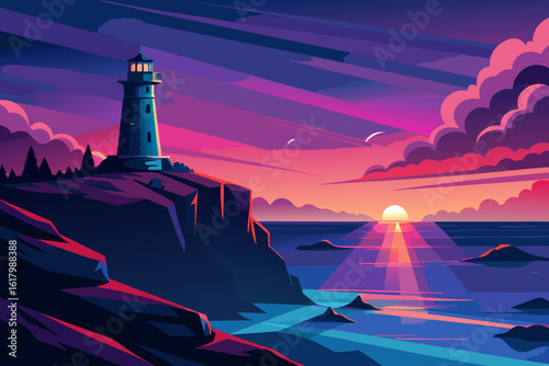 Lighthouse Sunset Vector Landscape