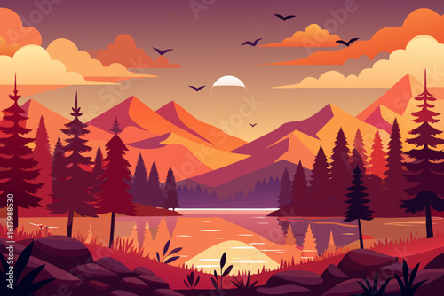 Serene Mountain Lake Sunset Illustration