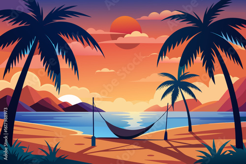 Stunning tropical beach sunset with palm trees and hammock for ultimate vacation relaxation