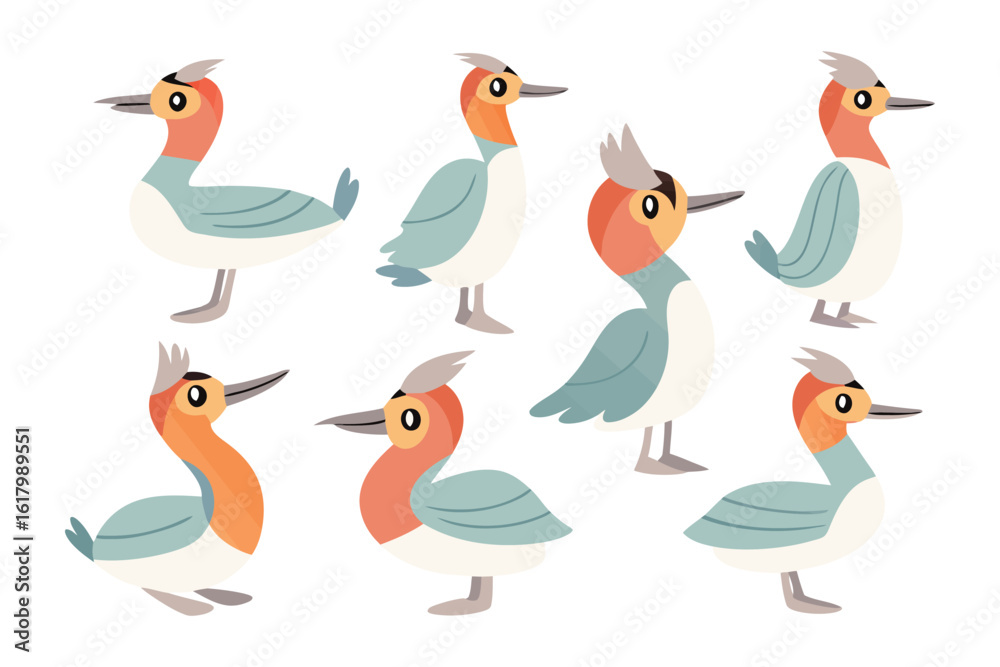 Naklejka premium Whimsical Watercolor Waterfowl: A collection of charming cartoon waterfowl poses in whimsical watercolor style, these adorable birds embody a sense of joy and simplicity.