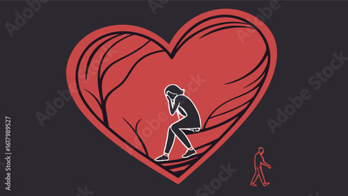 A silhouette of a sad woman is sitting inside a heart, representing heartbreak and emotional pain in a vector illustration