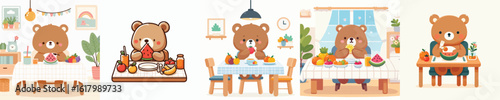 cute bear vector eating fruit on the table