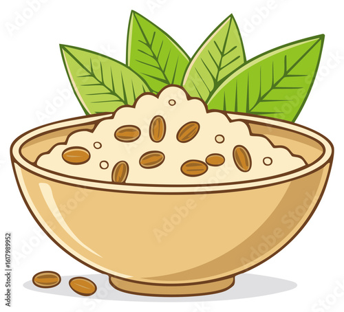 Cereal Bowl Cartoon With Almonds and Leaves Healthy Breakfast Simple Style