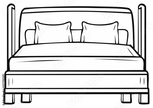 Outline illustration of a bed with pillows, bedroom concept, vector