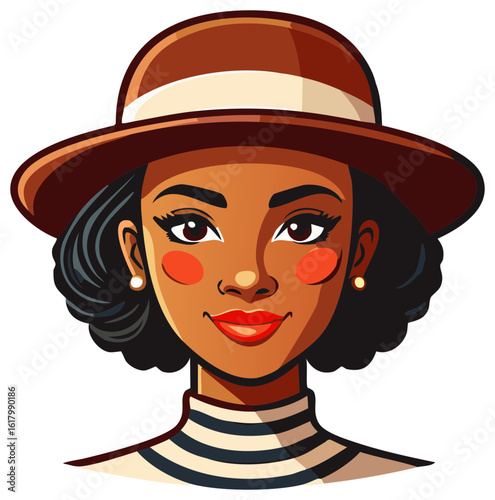 Smiling Woman Portrait Illustration with Hat Earrings Stripes Fashion Graphics