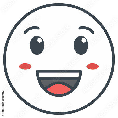 Cartoon happy face icon with rosy cheeks and big toothy grin, expressing positivity and cheerful emotion