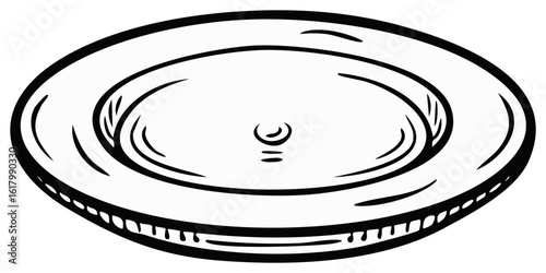 Empty Round Plate Sketch Single Dishware Dinnerware Black and White Line Drawing