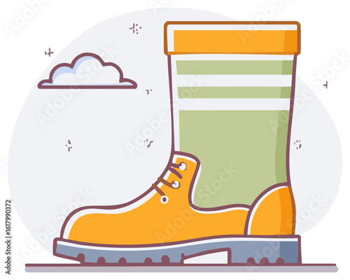 Illustration of Yellow Lace-up Boot with Green Stripes on Top, Footwear for Protection, Rainwear and Rainy Weather