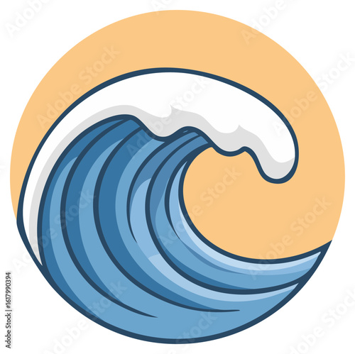 Stylized Wave with White Crest on Circular Background in Vector Illustration