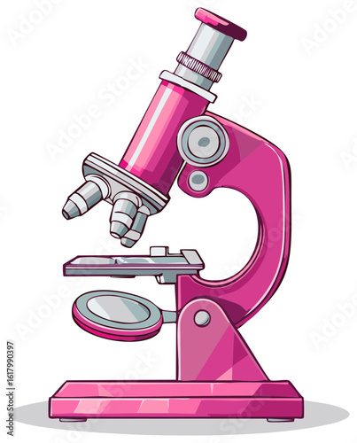 Colorful pink microscopic instrument for scientific education and medical concepts