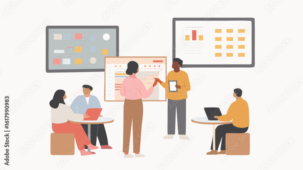 Obraz premium Group of people in a meeting with screens displaying data and charts in a brightly lit office space