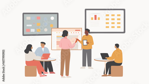 Group of people in a meeting with screens displaying data and charts in a brightly lit office space