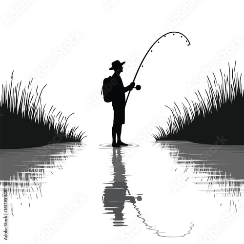 Angler silhouette casting rod near grassy shore fishing