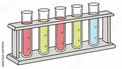 A set of test tubes with colorful liquids in a laboratory rack for scientific experiments