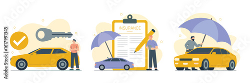 Securing Your Wheels: Illustrative representation of car insurance showcasing car security, protection and contract, under umbrellas