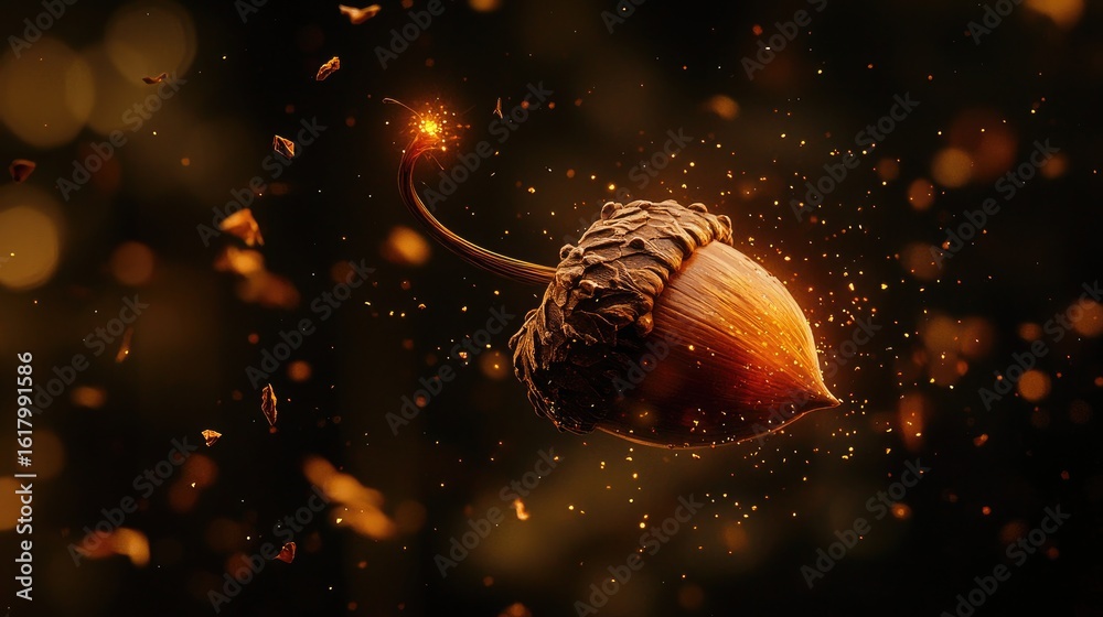 Fototapeta premium A single acorn floating in mid-air, slowly rotating in warm cinematic lighting, extreme close-up with rich textures, magical particles gently floating around, 
