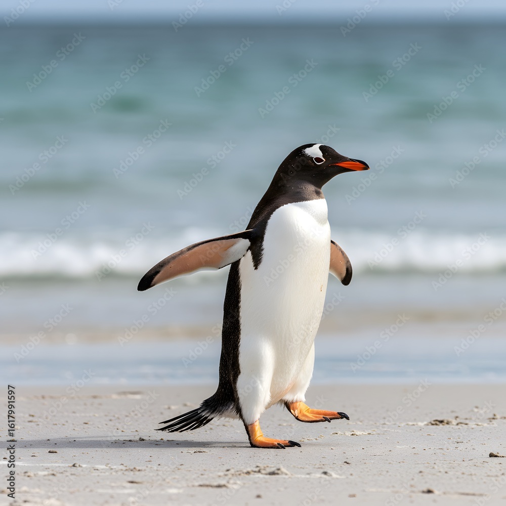 Naklejka premium wings outstretched and one leg raised. penguin has a black head, white belly,King Penguin Aptenodytes patagonicus Chicks in Creche in the rain.a Gentoo penguin standing on a sandy beach 