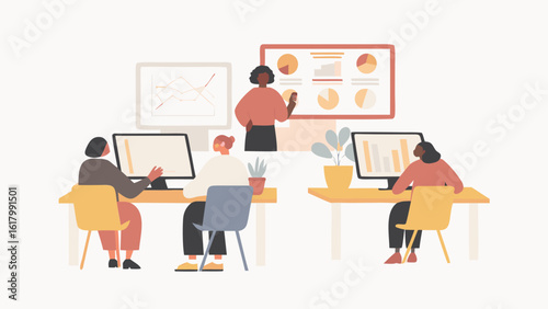 Illustration of a business meeting with charts presented and people working at their desks in an office