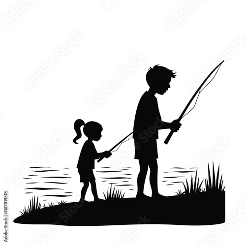 Boy and girl fishing by the water silhouette children