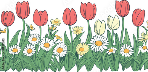 Hand drawn spring flower border with tulips daisies and other flowers