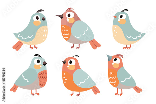 Whimsical Winged Wonders: Six cheerful birds, each with its own unique expression and vibrant plumage, come together in a delightful illustrated array.
