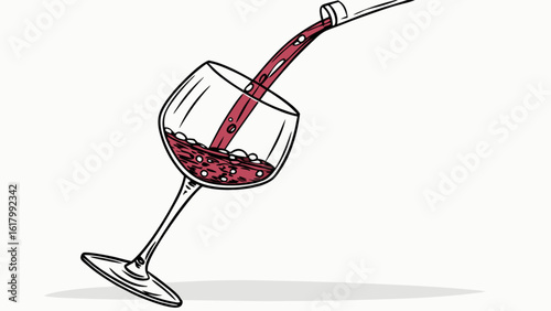A handdrawn sketch of red wine being poured into a wine glass, isolated on white background, capturing the elegance of a celebratory drink
