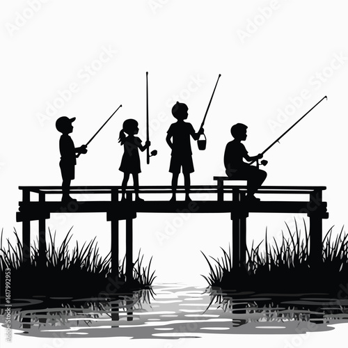 Children fishing on a pier by the water dock