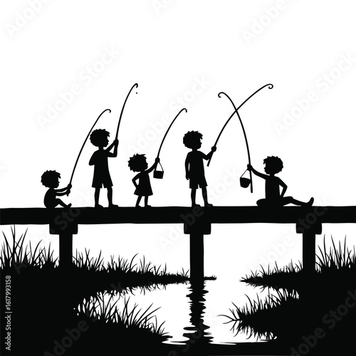 Children fishing on a pier by the water silhouette