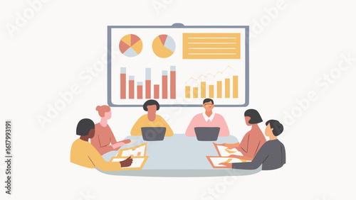 A business meeting with charts and graphs displayed on a screen and attendees with laptops and documents
