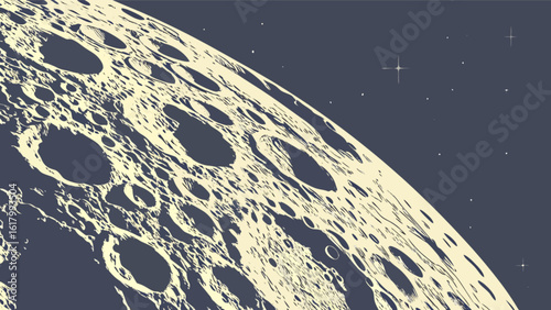 A detailed illustration of the moons surface showcases its craters and textures, evoking a sense of vintage space exploration and astronomical wonder