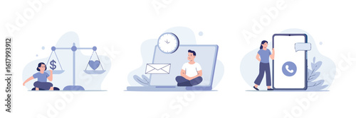 Harmony in the digital world: A curated illustration, portraying a serene individual engaged in the balancing act of time management, communication, and value.