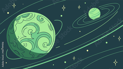 A cosmic illustration features planets with swirling patterns, set against a backdrop of stars and orbital lines