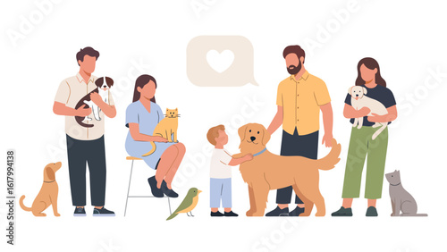 Family love: A heartwarming scene, families are bonding with their beloved pets. Expressing the deep connection and unconditional love between people and animals.