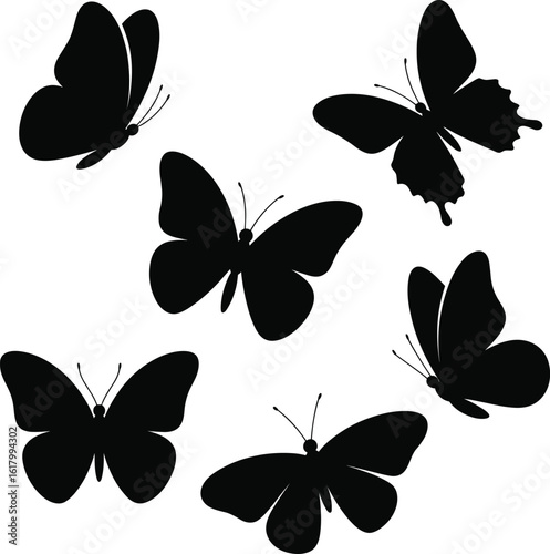 Butterfly icon set—vector silhouettes of six distinct black butterflies for decorative design, nature themes, and educational use
